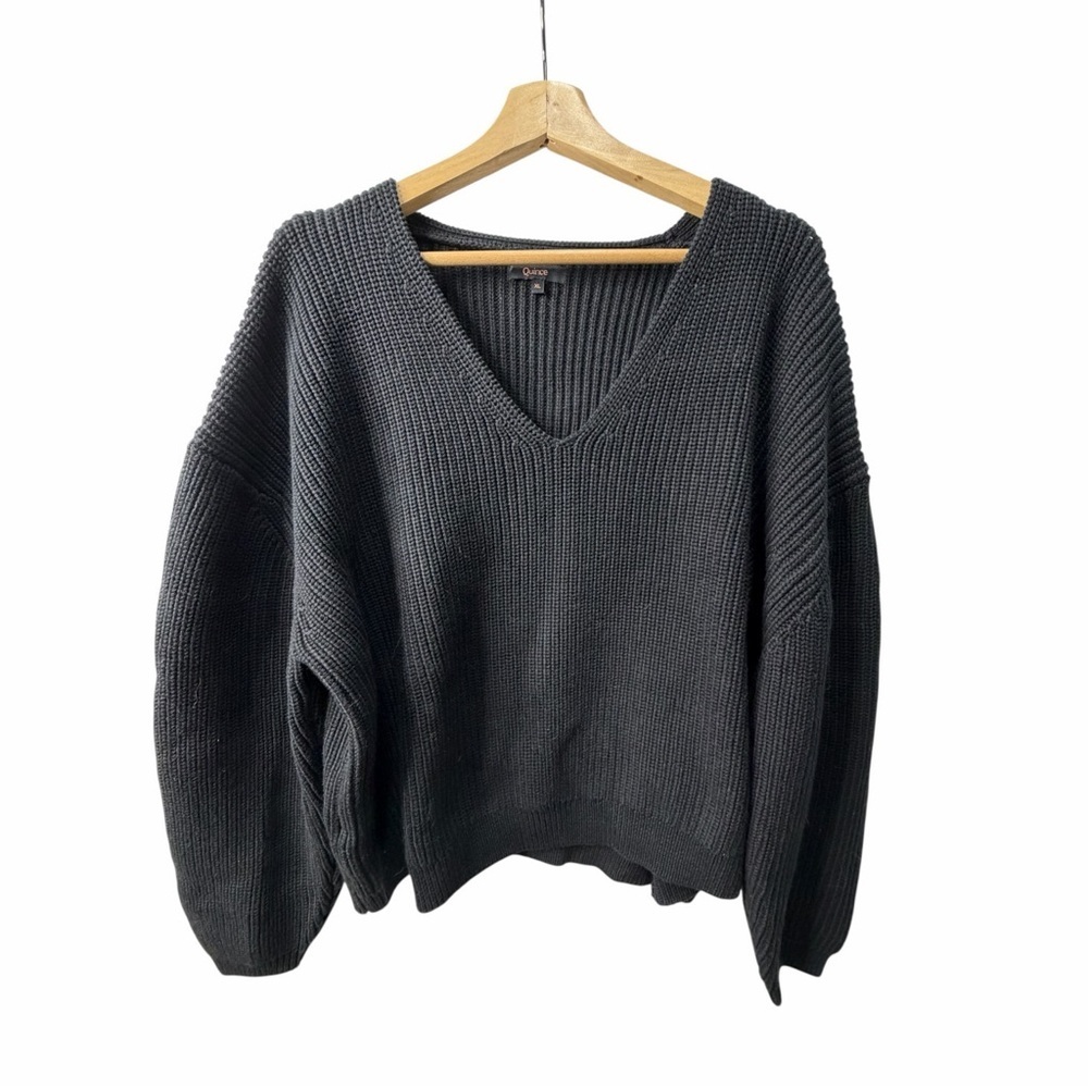 Quince Organic Cotton Fisherman V neck Sweater Black V-Neck Women's XL - Picture 2 of 7
